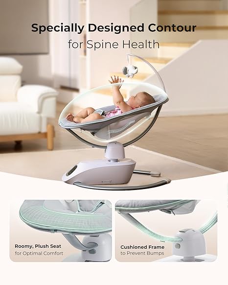 Momcozy CocoSway 3D-Motion Baby Swing Grey | 6 Motions 4 Speeds 180° Rotating Seat Remote Control - Pun & Naya