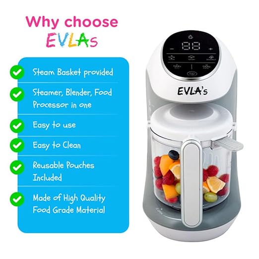 EVLA'S Baby Food Maker White + 6 Reusable Pouches | One-Touch Steamer Blender Sterilizer - Pun & Naya