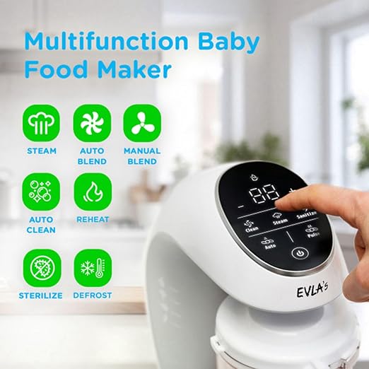 EVLA'S Baby Food Maker White + 6 Reusable Pouches | One-Touch Steamer Blender Sterilizer - Pun & Naya