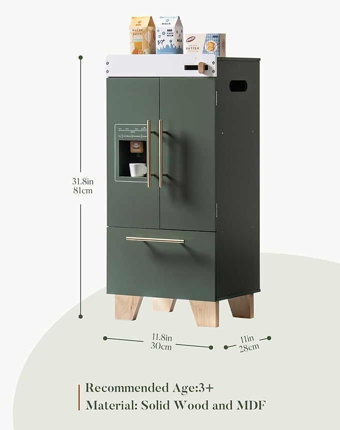 ROBOTIME Wooden Fridge Toy – Vintage Green Kids Kitchen Playset with Ice Cube Dispenser & Accessories