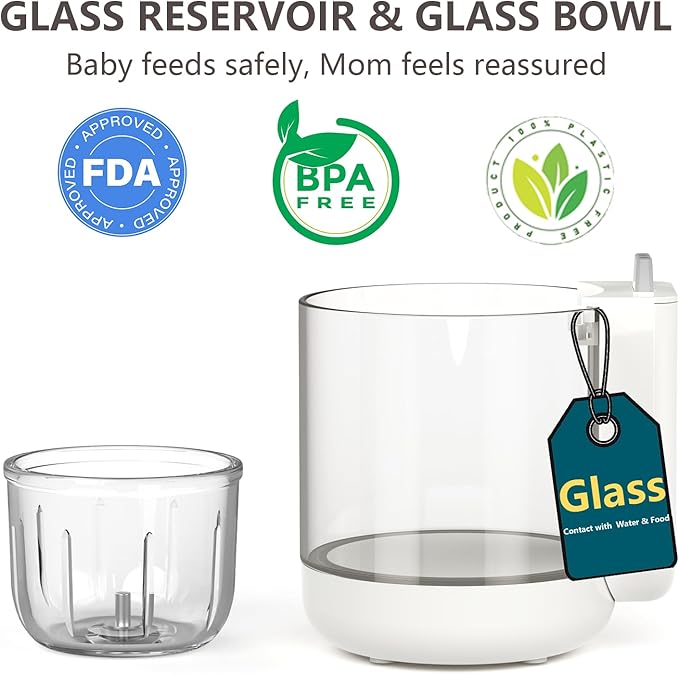 Glass Baby Food Maker White 12oz | Non-Plastic Steamer Blender 6 Stainless Blades Self-Clean Timer - Pun & Naya