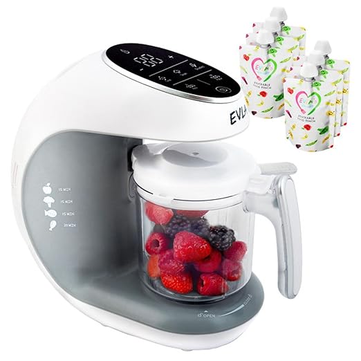 EVLA'S Baby Food Maker White + 6 Reusable Pouches | One-Touch Steamer Blender Sterilizer - Pun & Naya