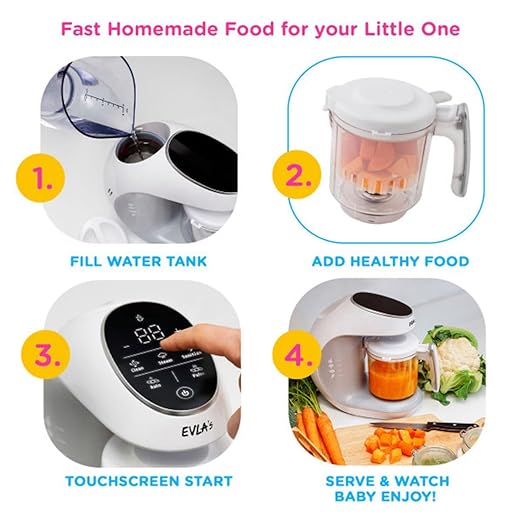 EVLA'S Baby Food Maker White + 6 Reusable Pouches | One-Touch Steamer Blender Sterilizer - Pun & Naya