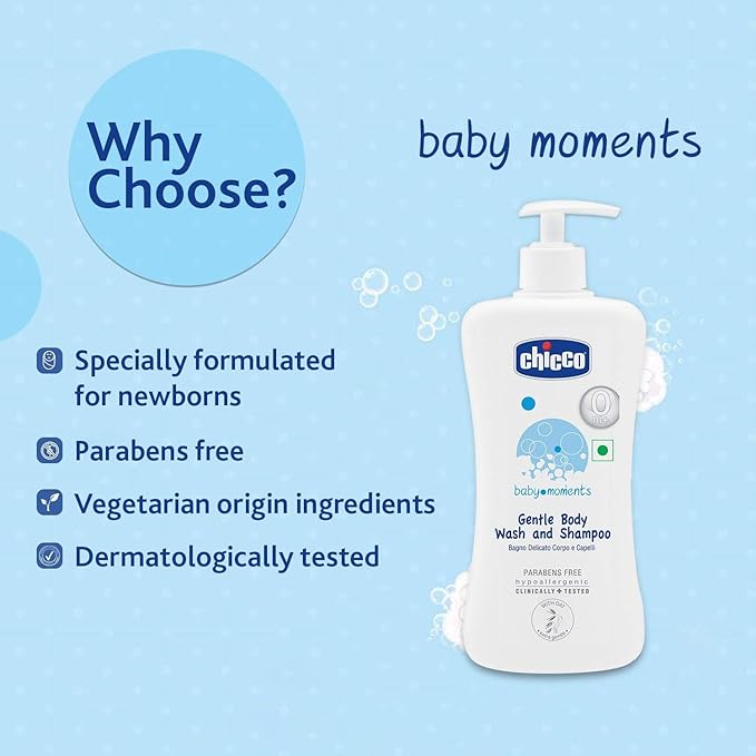 Chicco Baby Moments Gentle Body Wash & Shampoo 500ml No Tears Fragrance Free 99% Natural