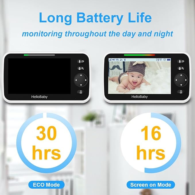 HelloBaby 5" Baby Monitor 30-Hour Battery Pan-Tilt-Zoom No WiFi 1000ft Range VOX 2-Way Talk