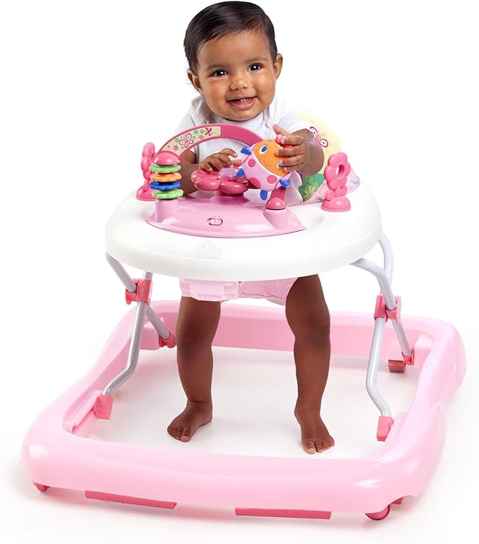 Bright Starts Walk-A-Bout Walker – Juneberry Delight | Adjustable Baby Walker with Music & Toys