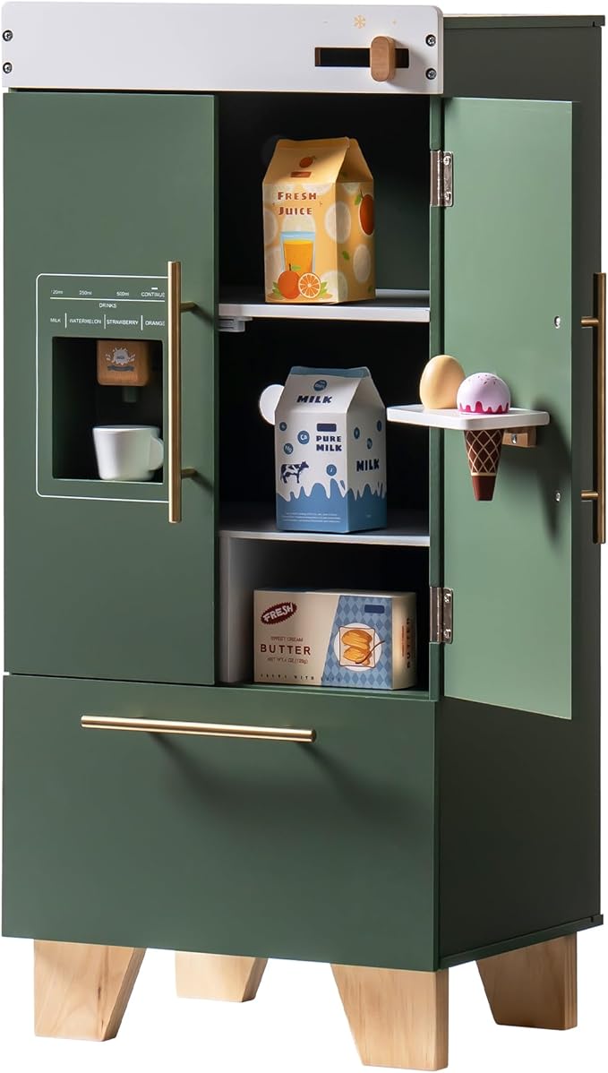 ROBOTIME Wooden Fridge Toy – Vintage Green Kids Kitchen Playset with Ice Cube Dispenser & Accessories