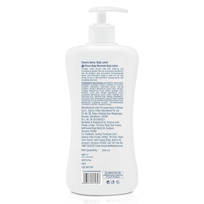 Chicco Baby Moments Body Lotion 500ml Sweet Almond Milk Vitamin E Fragrance Free for Newborn Sensitive Skin