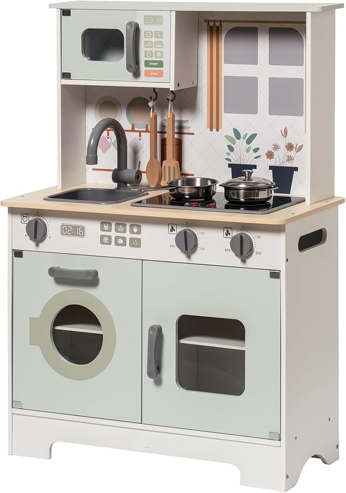 ROBOTIME Wooden Play Kitchen Set – Pretend Play Kitchen with Real Lights & Sounds for Kids Age 3+