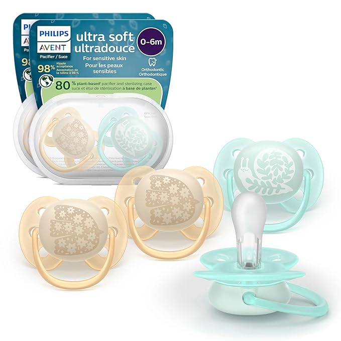 Philips Avent Ultra Soft Pacifier 0-6 Months 4-Pack with 2 Sterilizing Cases Orthodontic BPA-Free SCF091/49
