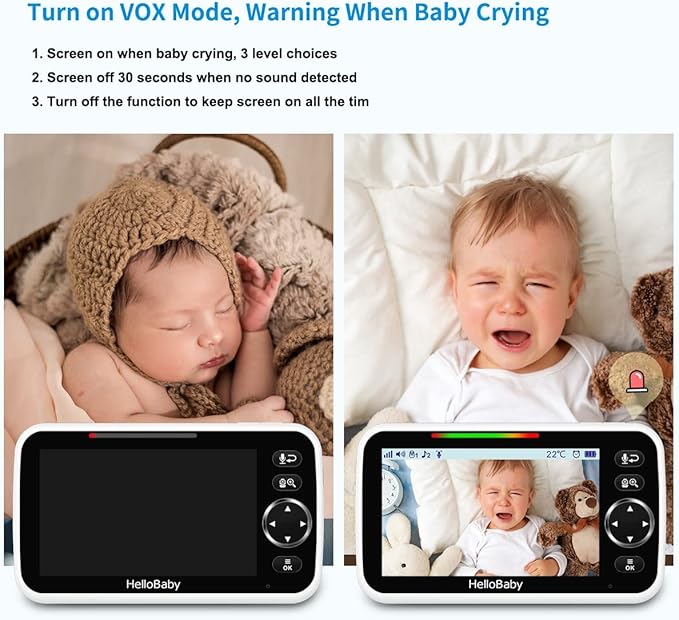 HelloBaby 5" Baby Monitor 30-Hour Battery Pan-Tilt-Zoom No WiFi 1000ft Range VOX 2-Way Talk