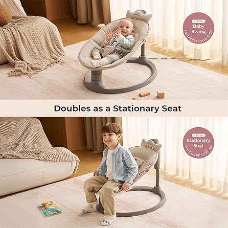 Momcozy 2-in-1 Electric Baby Swing Khaki | Dual-Arm Convertible to Toddler Seat 66 lbs Adjustable Height - Pun & Naya