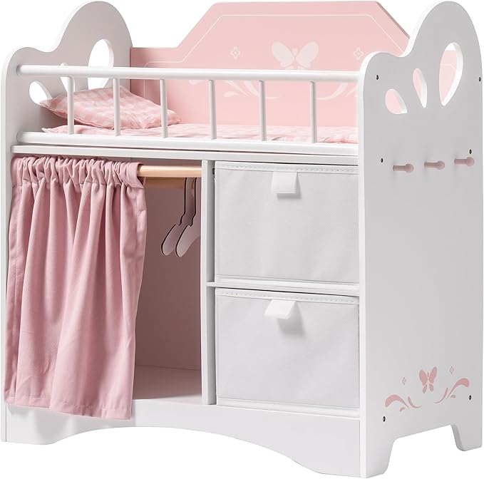 ROBOTIME 21'' Wooden Doll Crib (Pink) – Doll Bed with Curtains, Storage & Bedding, Fits 14–18'' American Girl Dolls