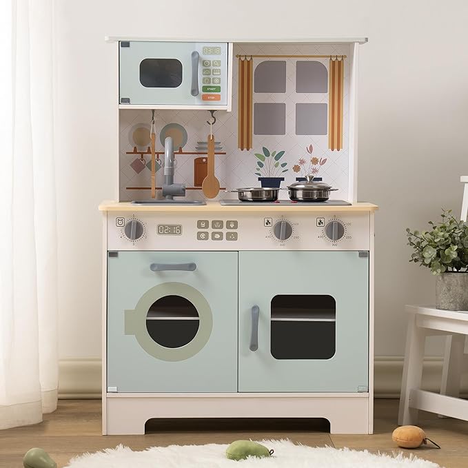 ROBOTIME Wooden Play Kitchen Set – Pretend Play Kitchen with Real Lights & Sounds for Kids Age 3+