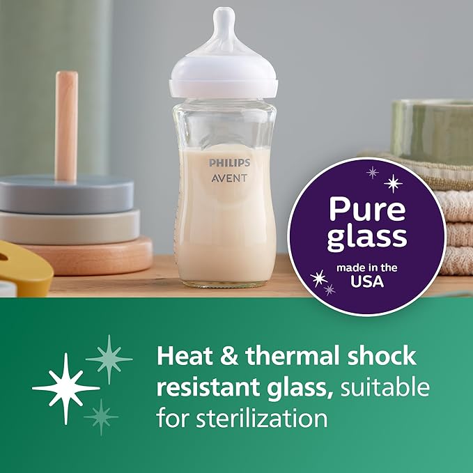 Philips Avent Natural Glass Baby Bottles 8oz 4-Pack Flow 3 Nipple for 3+ Months Anti-Colic Premium Borosilicate