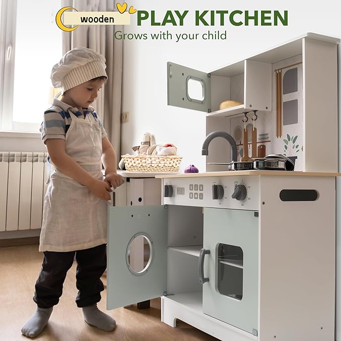 ROBOTIME Wooden Play Kitchen Set – Pretend Play Kitchen with Real Lights & Sounds for Kids Age 3+