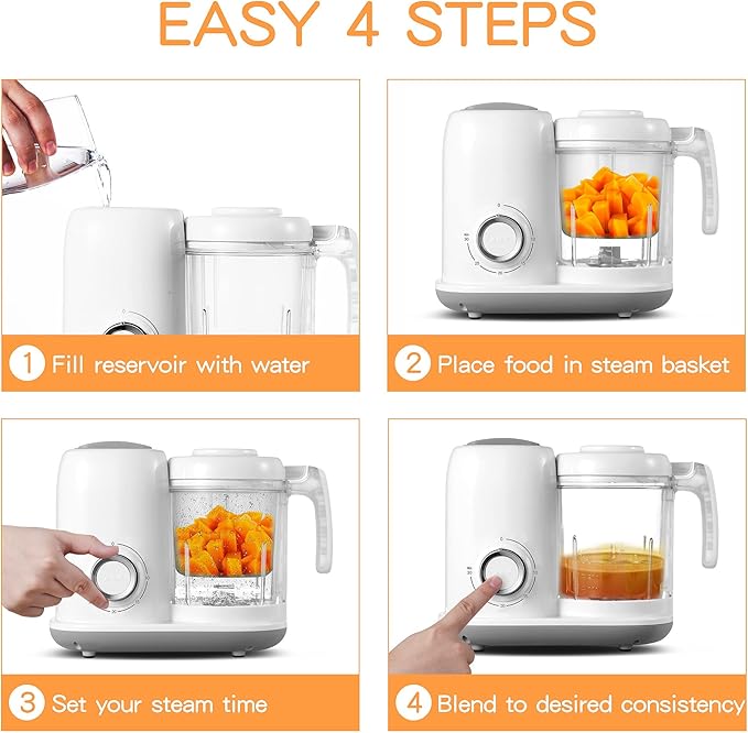 4-in-1 Baby Food Maker – Steamer, Blender, Reheat & Warm | Dishwashable & White