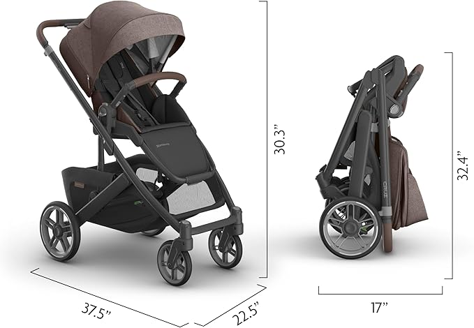UPPAbaby CRUZ V3 Stroller Greyson Charcoal Mélange Carbon Saddle Leather Infant Insert Rain Bug Shield
