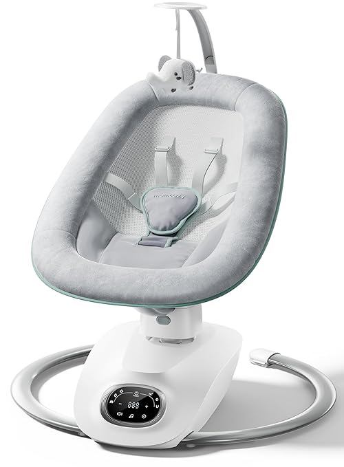 Momcozy CocoSway 3D-Motion Baby Swing Grey | 6 Motions 4 Speeds 180° Rotating Seat Remote Control - Pun & Naya