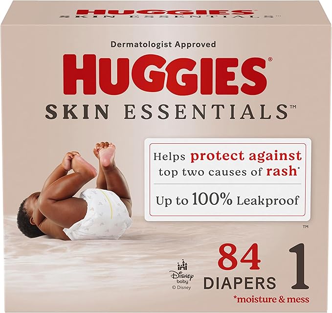 Huggies Skin Essentials Size 1 Diapers 8-14 lbs 84 Count Hypoallergenic Fragrance Free for Sensitive Skin