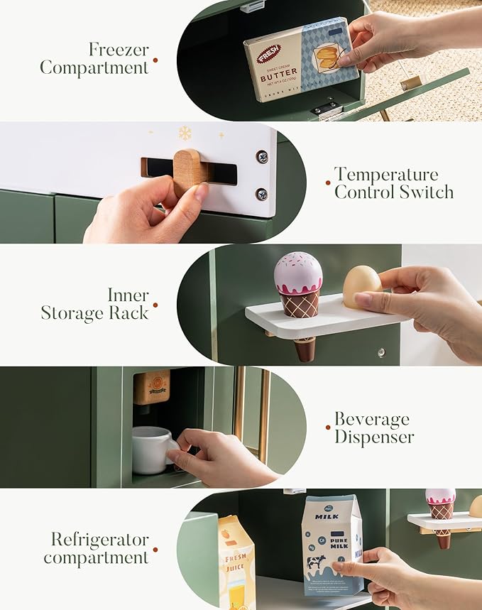 ROBOTIME Wooden Fridge Toy – Vintage Green Kids Kitchen Playset with Ice Cube Dispenser & Accessories