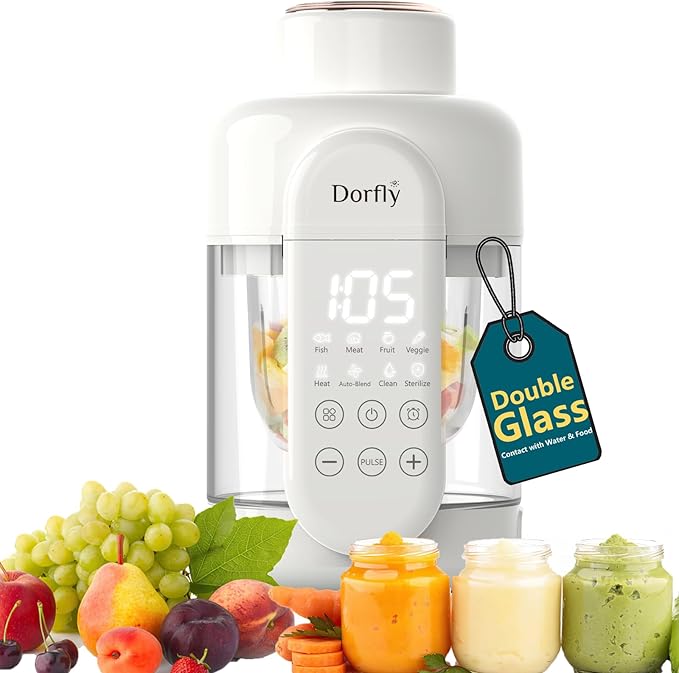 Glass Baby Food Maker White 12oz | Non-Plastic Steamer Blender 6 Stainless Blades Self-Clean Timer - Pun & Naya