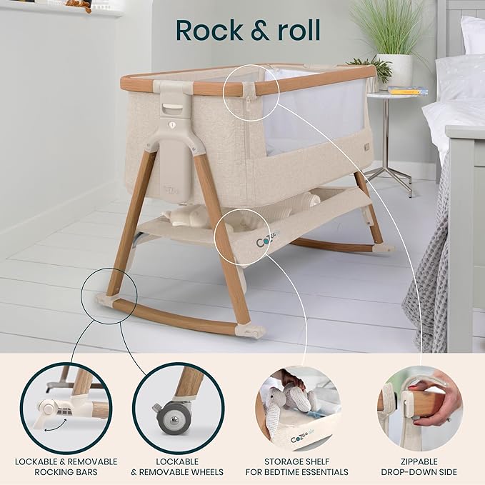 Tutti Bambini CoZee Air Bedside Crib Walnut & Ecru | Rocking Bassinet Fast Fold Travel Bag 6 Heights - Pun & Naya