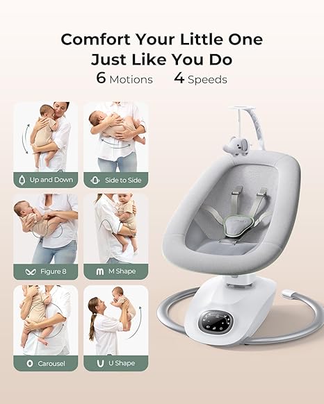 Momcozy CocoSway 3D-Motion Baby Swing Grey | 6 Motions 4 Speeds 180° Rotating Seat Remote Control - Pun & Naya
