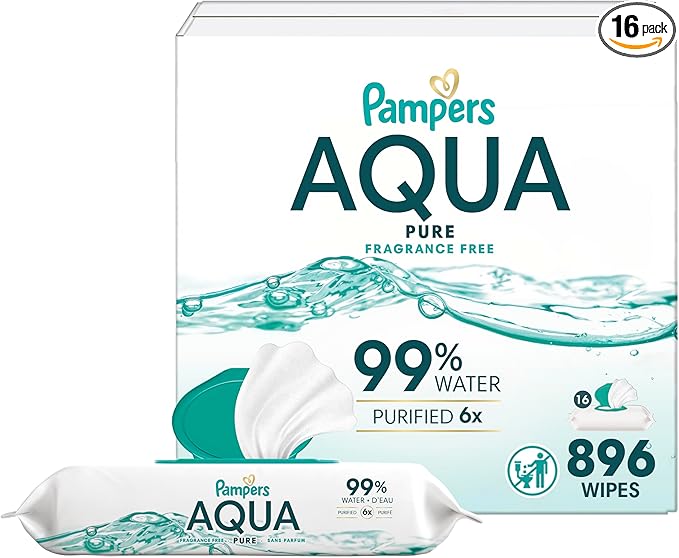 Pampers Aqua Pure Baby Wipes 99% Water Fragrance Free 16 Flip-Top Packs 896 Count
