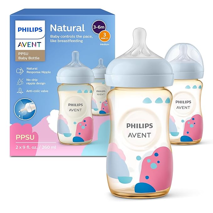Philips Avent PPSU Natural Baby Bottles 9oz 2-Pack Flow 3 Nipple with Decoration SCY943/02
