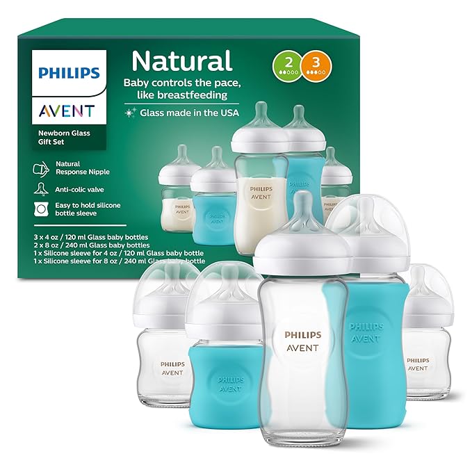 Philips Avent Natural Glass Bottle Baby Gift Set SCD858/01 3 Bottles + Soother + Brush Premium Newborn Starter