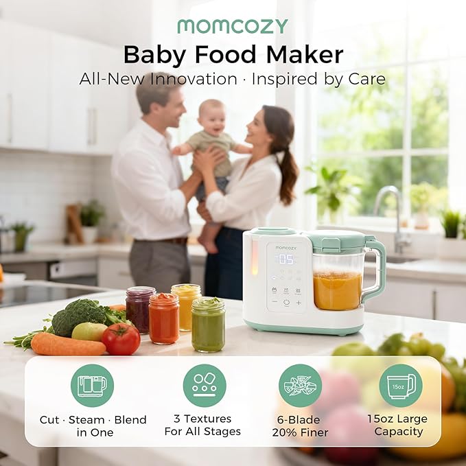 Momcozy AutoMeal Baby Food Maker Dark Grey | One-Step Auto Steam & Blend 15oz Large Cup Self-Cleaning - Pun & Naya
