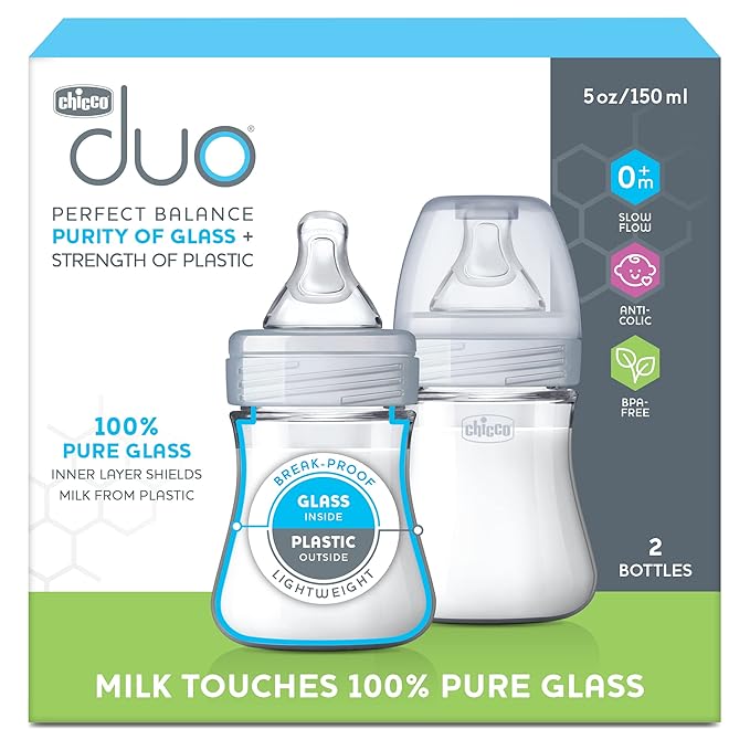 Chicco Duo 5oz Hybrid Baby Bottles Invinci-Glass Inside Plastic Outside Intui-Latch Nipple 2-Pack