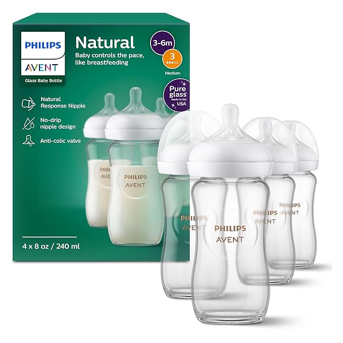 Philips Avent Natural Glass Baby Bottles 8oz 4-Pack Flow 3 Nipple for 3+ Months Anti-Colic Premium Borosilicate