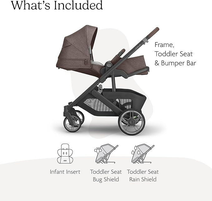 UPPAbaby CRUZ V3 Stroller Greyson Charcoal Mélange Carbon Saddle Leather Infant Insert Rain Bug Shield