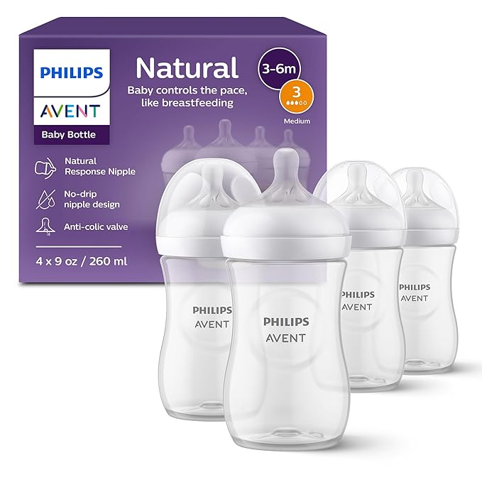 Philips Avent Natural Response Baby Bottles 9oz 4-Pack Flow 3 Nipple for 3+ Months Anti-Colic BPA-Free
