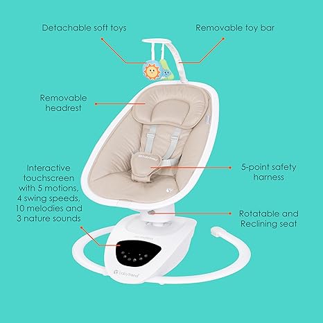 Baby Trend NuMotion Infinity Swing Dash Tan | 360° Rotating Seat 8 Motions Bluetooth Remote 2025 - Pun & Naya