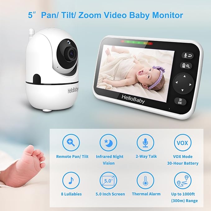 HelloBaby 5" Baby Monitor 30-Hour Battery Pan-Tilt-Zoom No WiFi 1000ft Range VOX 2-Way Talk