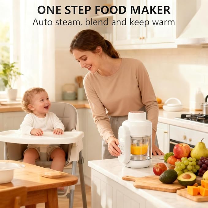 Glass Baby Food Maker White 12oz | Non-Plastic Steamer Blender 6 Stainless Blades Self-Clean Timer - Pun & Naya
