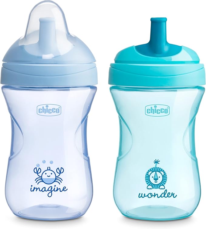 Chicco Sport Spout Trainer Sippy Cup 9oz 2-Pack Bite-Resistant Spill-Free 9+ Months Pale Blue/Teal