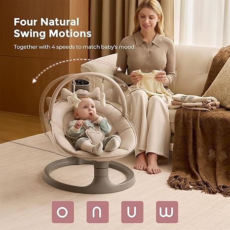 Momcozy 2-in-1 Electric Baby Swing Khaki | Dual-Arm Convertible to Toddler Seat 66 lbs Adjustable Height - Pun & Naya