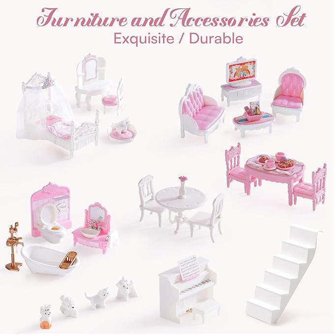 ROBOTIME Wooden Dollhouse (Pink) – 24-Piece Furniture Set for 4–6 Inch Dolls, Pretend Play Gift for Girls Age 3+