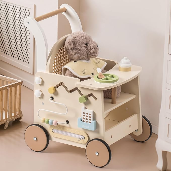 ROBOTIME Wooden Baby Walker – Activity Center Push Walker with Safety Brake & Rattan Doll Design