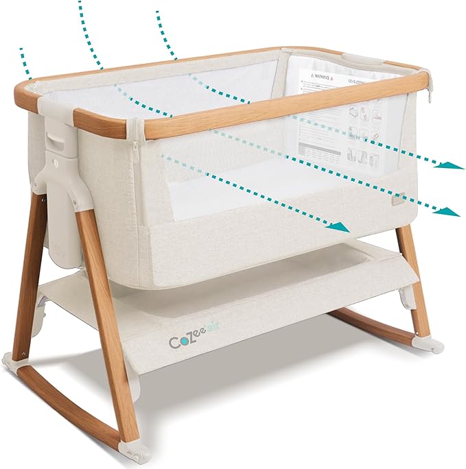 Tutti Bambini CoZee Air Bedside Crib Walnut & Ecru | Rocking Bassinet Fast Fold Travel Bag 6 Heights - Pun & Naya