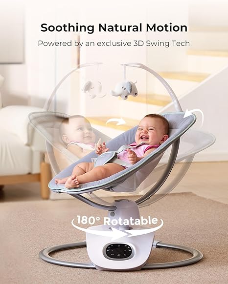 Momcozy CocoSway 3D-Motion Baby Swing Grey | 6 Motions 4 Speeds 180° Rotating Seat Remote Control - Pun & Naya