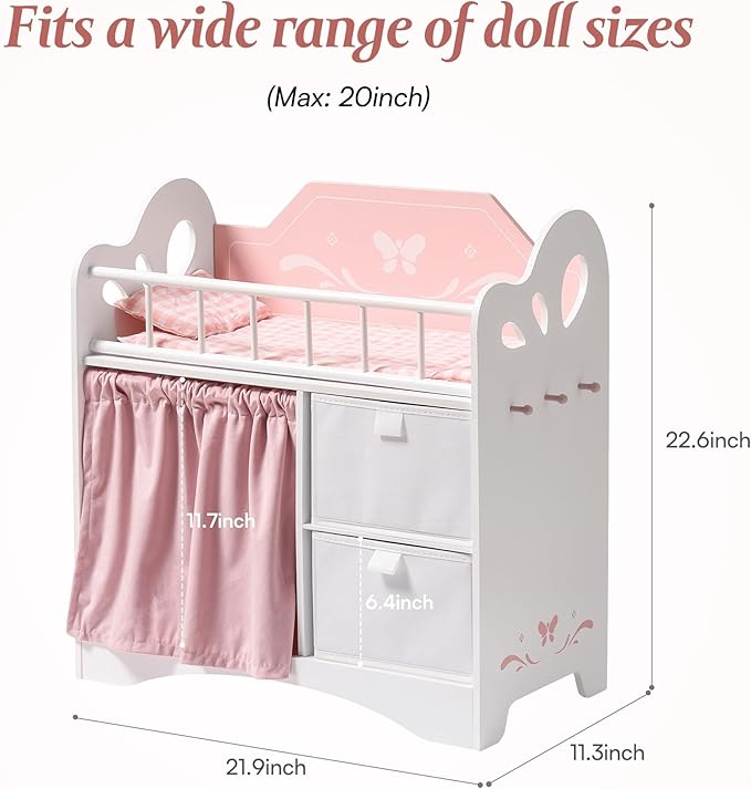 ROBOTIME 21'' Wooden Doll Crib (Pink) – Doll Bed with Curtains, Storage & Bedding, Fits 14–18'' American Girl Dolls