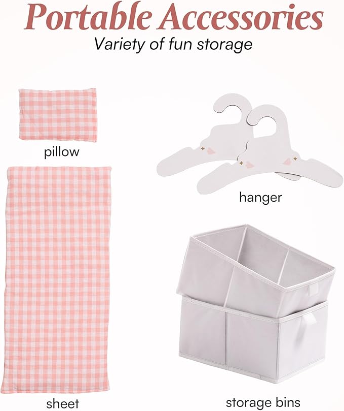 ROBOTIME 21'' Wooden Doll Crib (Pink) – Doll Bed with Curtains, Storage & Bedding, Fits 14–18'' American Girl Dolls