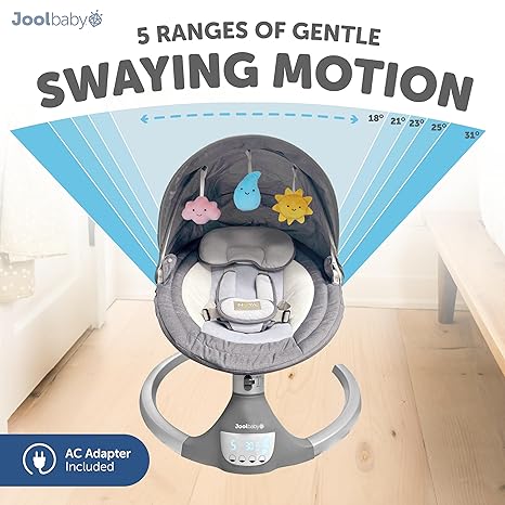 Jool Baby Nova Swing Gray Updated 2025 | Bluetooth Music Remote 5 Motions 5 Speeds Newborn to 25 lbs - Pun & Naya