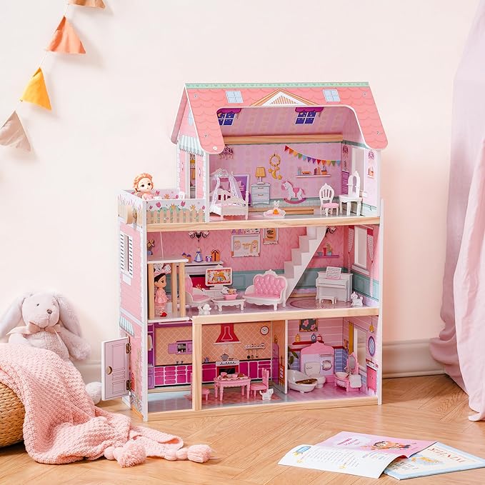 ROBOTIME Wooden Dollhouse (Pink) – 24-Piece Furniture Set for 4–6 Inch Dolls, Pretend Play Gift for Girls Age 3+