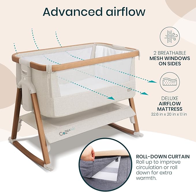 Tutti Bambini CoZee Air Bedside Crib Walnut & Ecru | Rocking Bassinet Fast Fold Travel Bag 6 Heights - Pun & Naya